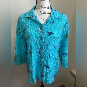 HABITAT Cotton Crinkle Shirt Blouse Button Shirt Ocean Fish Turquoise M 12
